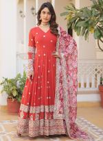 Faux Georgette  Red Festival Wear Emboirdery Zari Sequence Work Readymade Gown With Dupatta